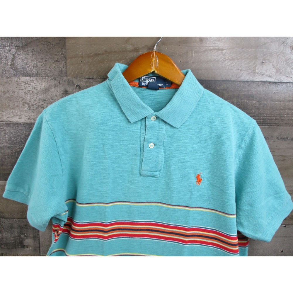 Ralph Lauren Polo Shirt Mens Large Turquoise Indian Blanket Striped Short Sleeve